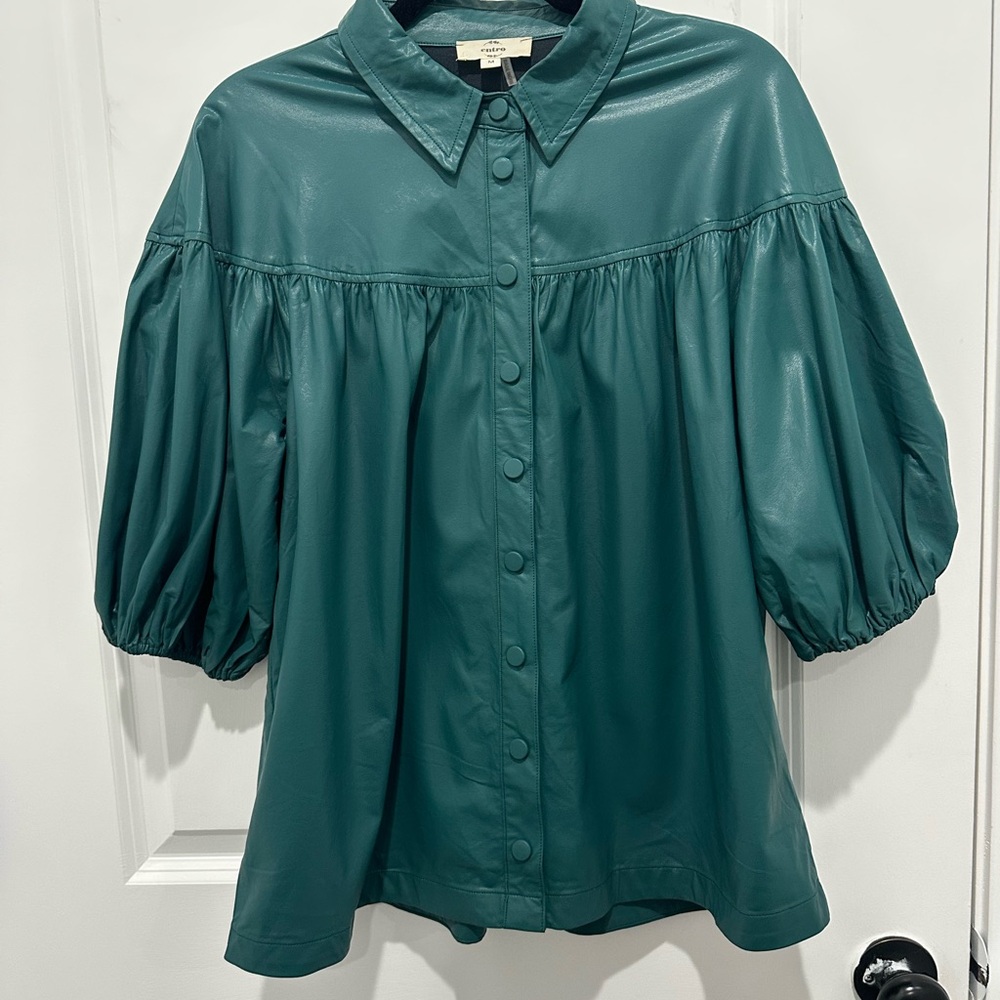 entro Teal Faux Leather Button-Down Puff Sleeve Shirt